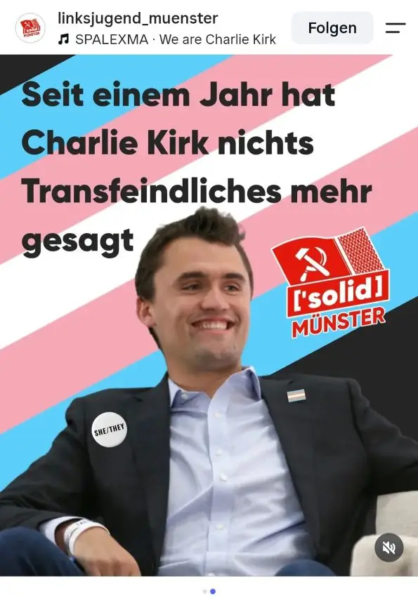 Screenshot eines Instagram-Beitrags der Linksjugend Münster zum Todestag von Charlie Kirk