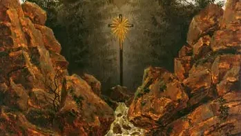 Gemälde mit einem Kreuz zwischen Felsen und Bäumen über einem Bach